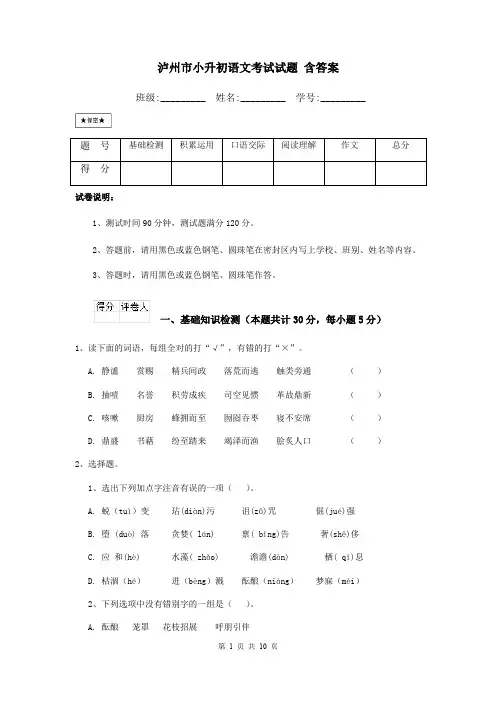 泸州市小升初语文考试试题 含答案