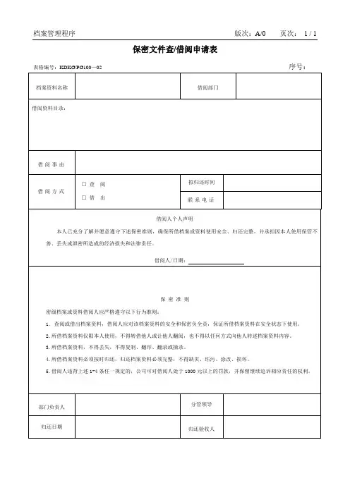 有限公司保密文件查借阅申请表