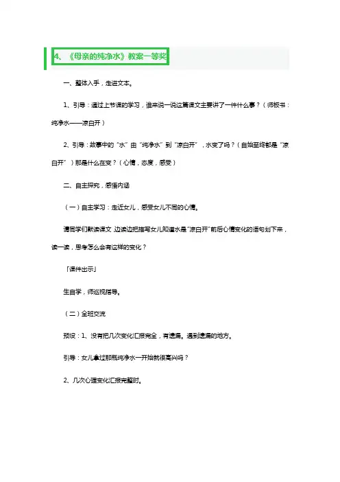 《母亲的纯净水》教案一等奖2篇