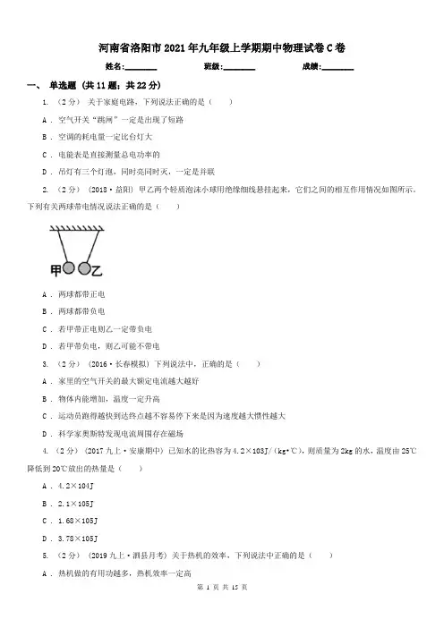 河南省洛阳市2021年九年级上学期期中物理试卷C卷