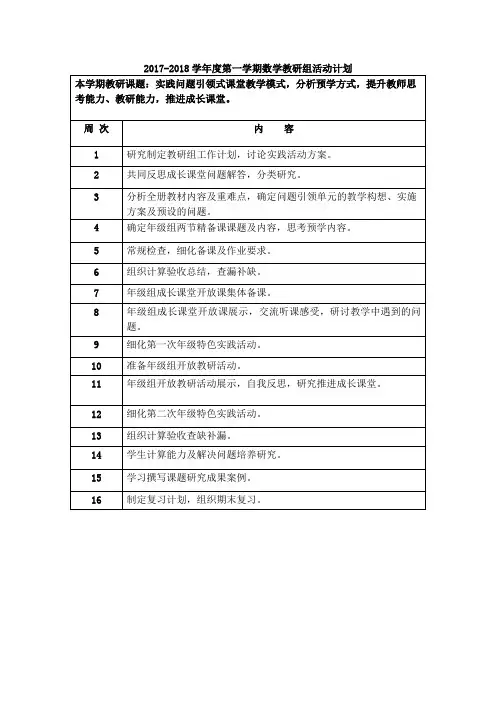 2017-2018学年四年级第一学期数学教研组活动计划