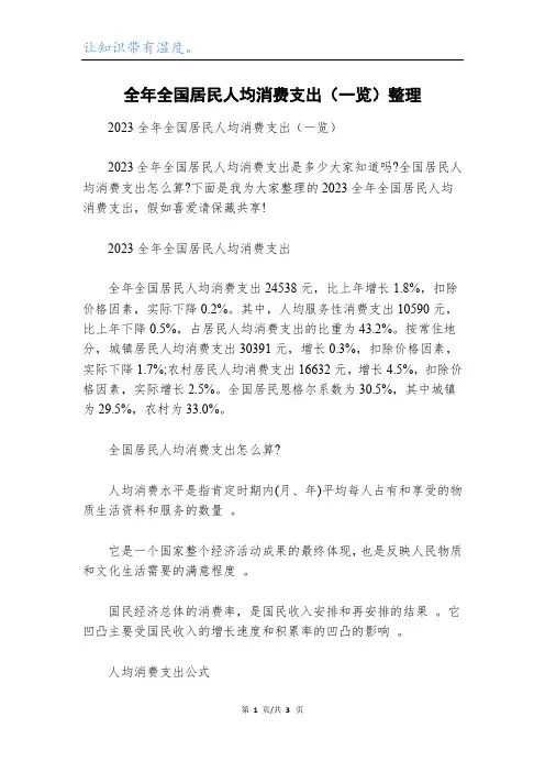 全年全国居民人均消费支出(一览)整理