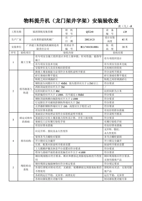 物料提升机(龙门架井字架)安装验收表