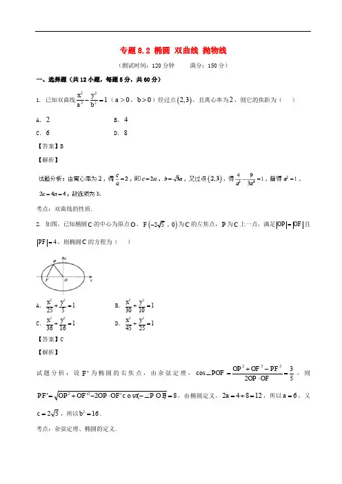 高考数学 专题8.2 椭圆 双曲线 抛物线同步单元双基双测(A卷)文