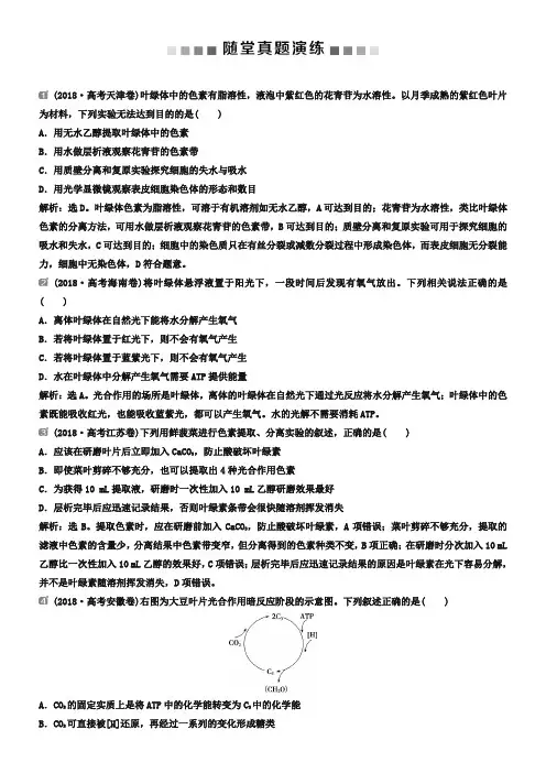 2019届高中生物一轮复习方案练习：第3单元 随堂真题演练10光合作用的探究历程与基本过程 Word版含解析
