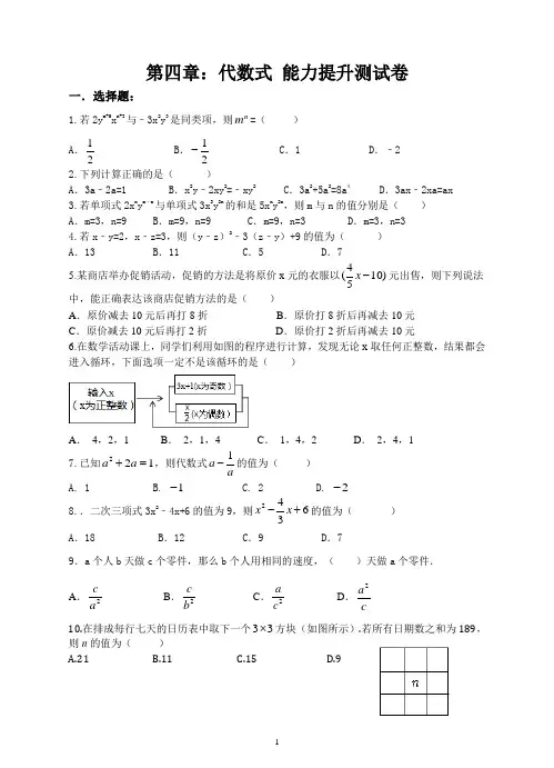 浙教版数学七年级上册第四章：代数式能力提升测试卷