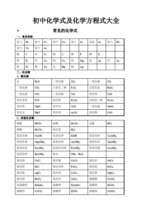 最新2019年初中常见化学式及化学方程式大全