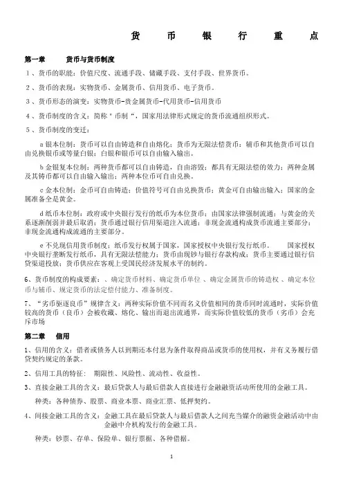 货币银行学考试重点