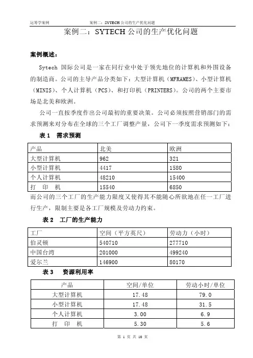 运筹学案例 SYTECH 案例二： SYTECH 公司的生产优化问题