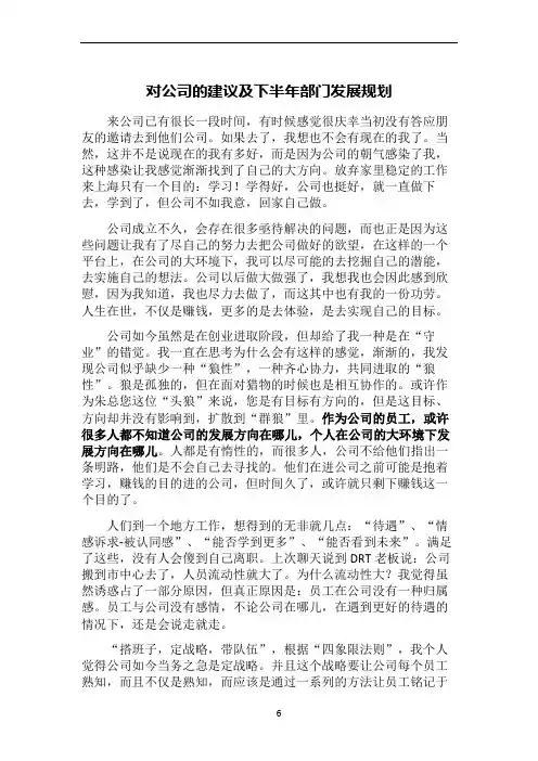 对公司的建议及下半年部门发展规划