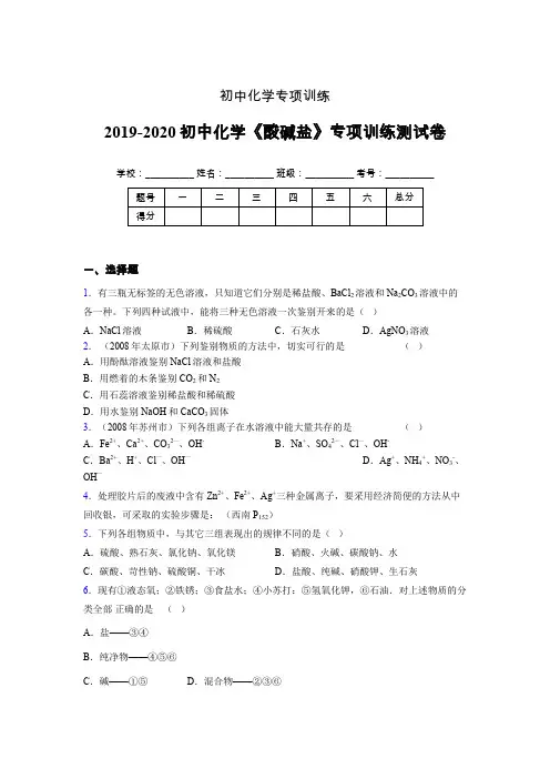 2019-2020学年初中化学《酸碱盐》专项训练模拟测试(含答案) (56)