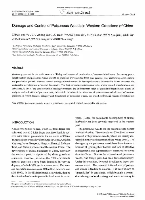 Damage and Control of Poisonous Weeds in Western Grassland of China