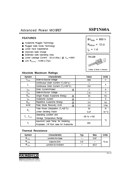 SSP1N60A中文资料