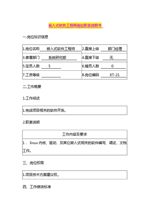嵌入式软件工程师岗位职责说明书