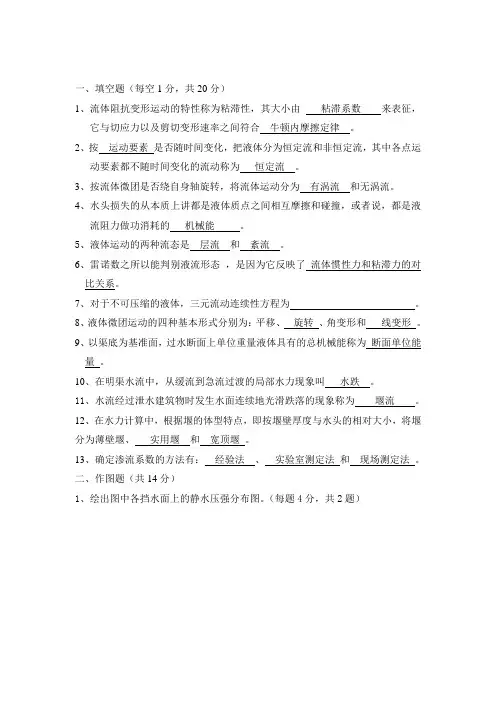 水力学考试题答案      A卷