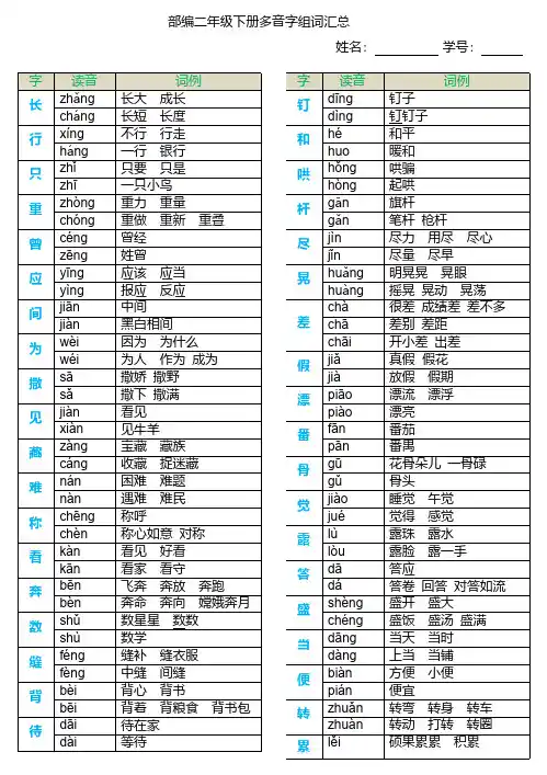 部编语文二年级下册多音字汇总