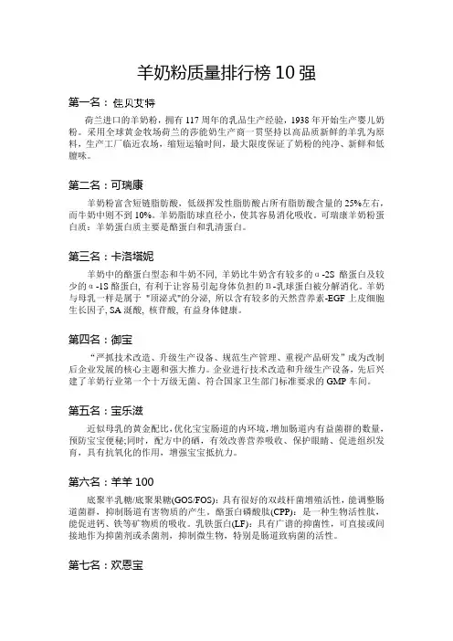羊奶粉质量排行榜10强