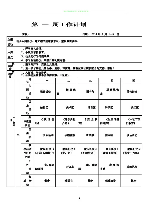 幼儿园开学第一周周计划