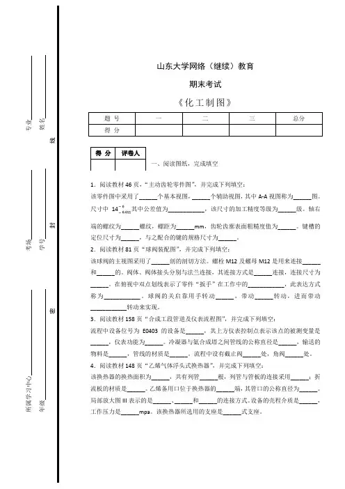 山东大学网络(继续)教育《化工制图》期末考试题