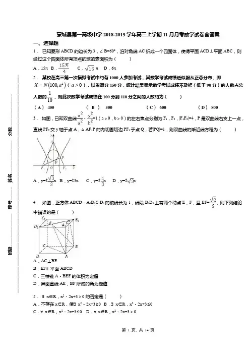 蒙城县第一高级中学2018-2019学年高三上学期11月月考数学试卷含答案