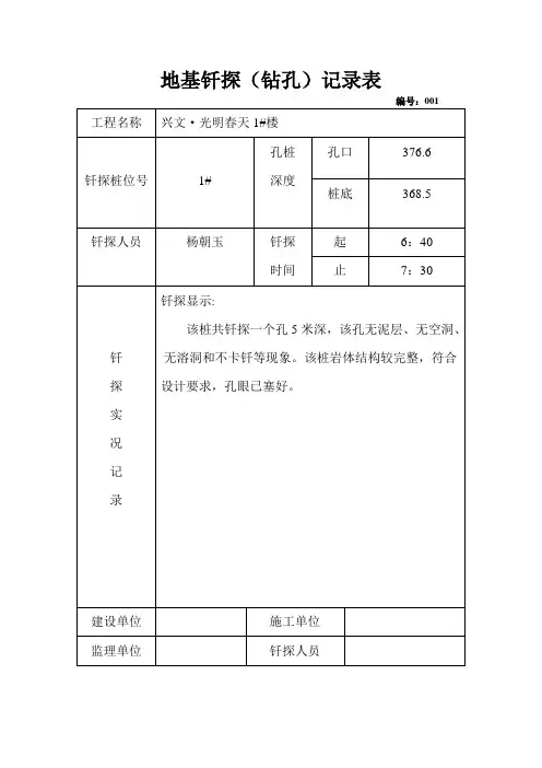地基钎探(钻孔)记录表