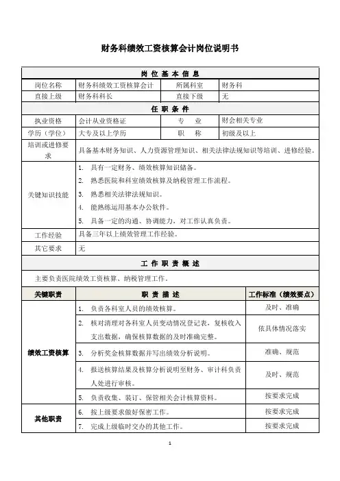 07医院财务科绩效工资核算会计岗位说明书