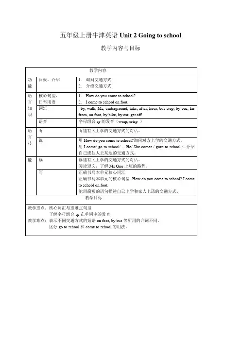 五年级上册牛津英语Unit2 going to school教学内容