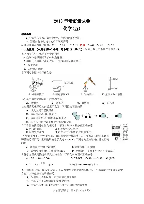 2013年中考模拟试题(五) 化学