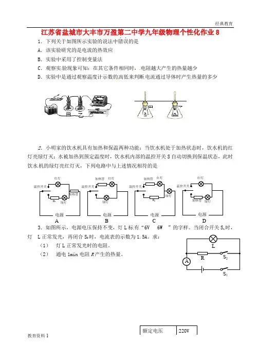 江苏省盐城市大丰市万盈第二中学九年级物理个性化作业8(无答案) 苏科版