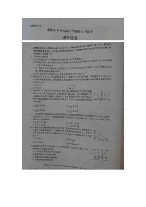 广西贵港市2018届高三上学期12月联考理综物理试题 图片版