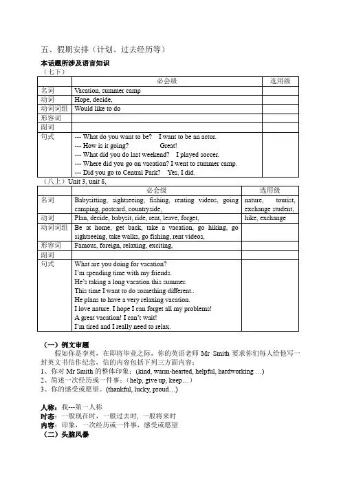 中考英语作文话题(五)假期安排
