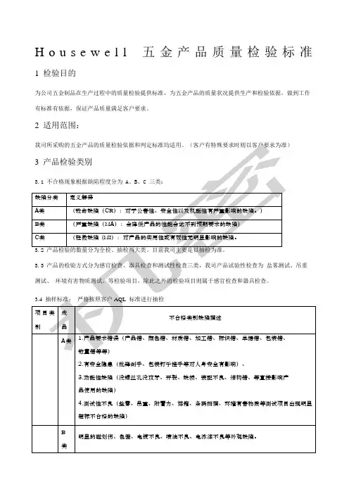 家具五金配件质量检验标准