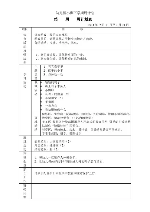 幼儿园小班下学期周计划