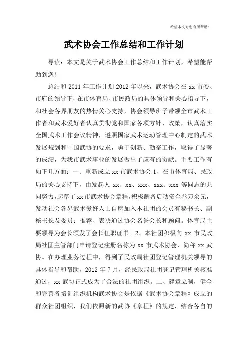 武术协会工作总结和工作计划