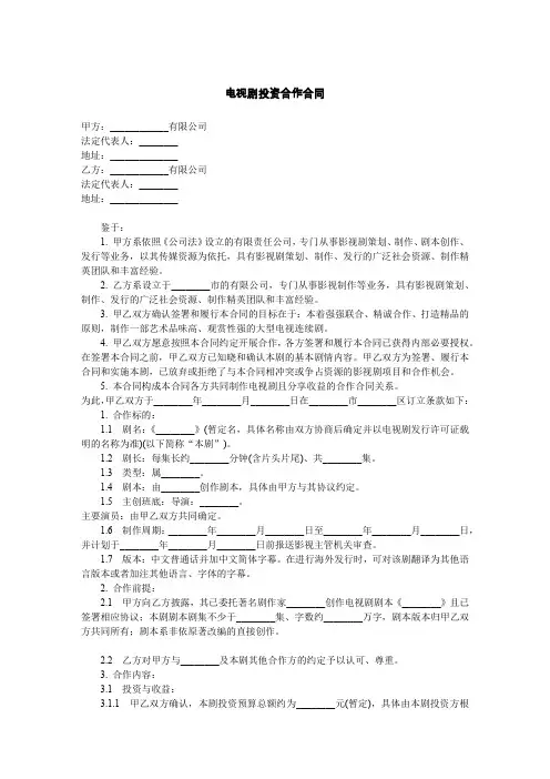 电视剧投资合作合同 范本