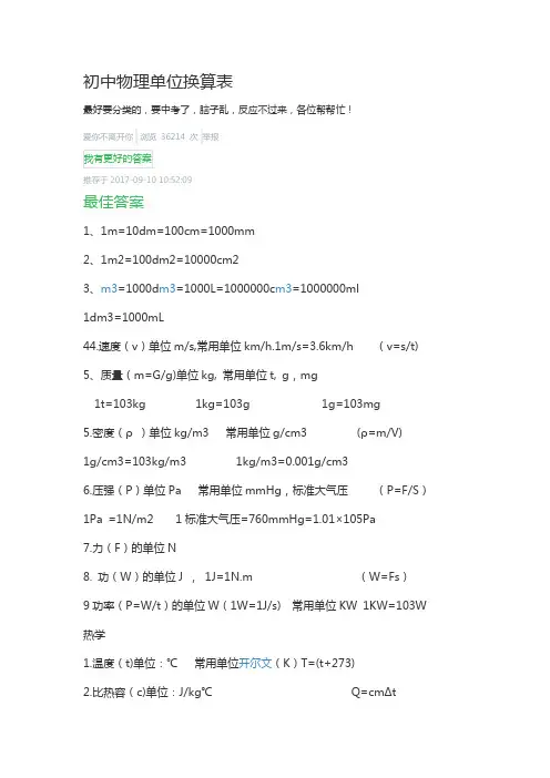 初中物理单位换算表