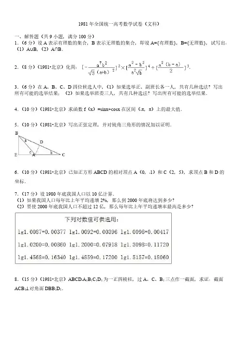 【免费下载】1981年全国统一高考数学试卷文科