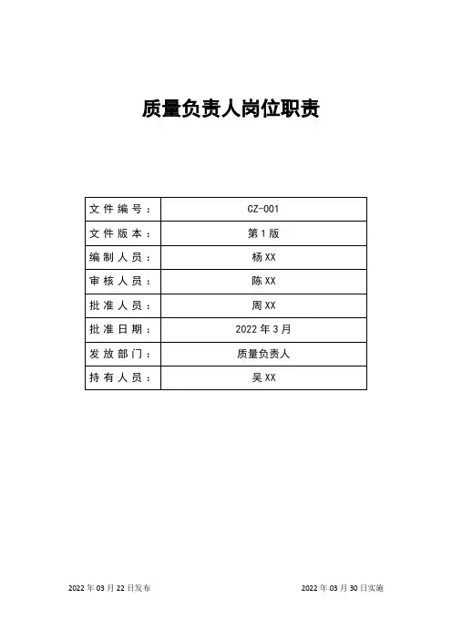 质量负责人岗位职责