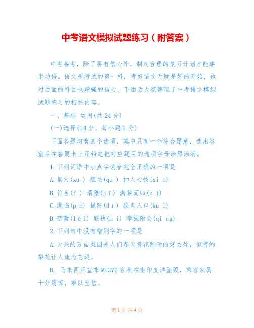 中考语文模拟试题练习(附答案)