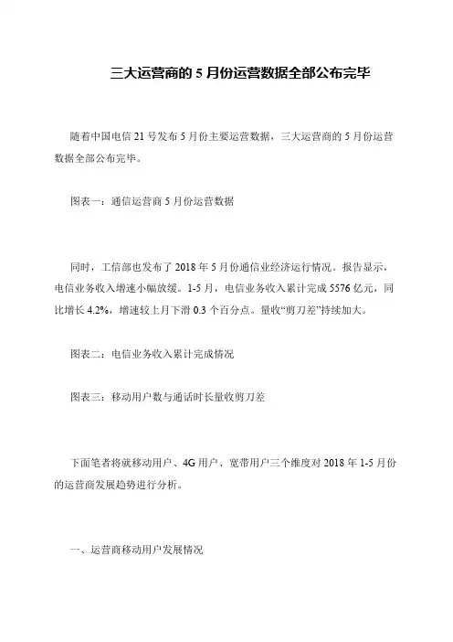 三大运营商的5月份运营数据全部公布完毕