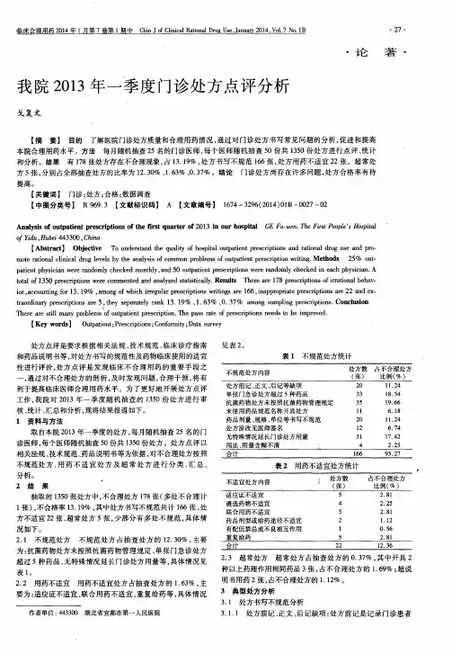 我院2013年一季度门诊处方点评分析