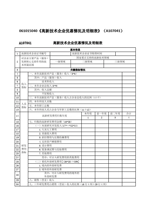 《高新技术企业优惠情况及明细表》(A107041)