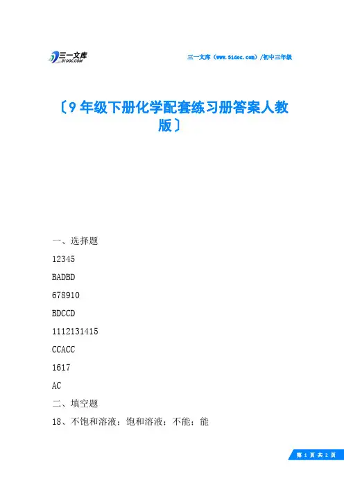 9年级下册化学配套练习册答案人教版