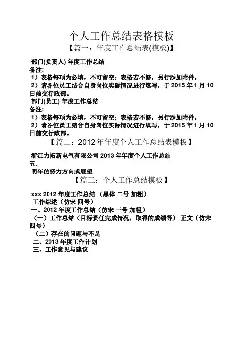 个人工作总结表格模板