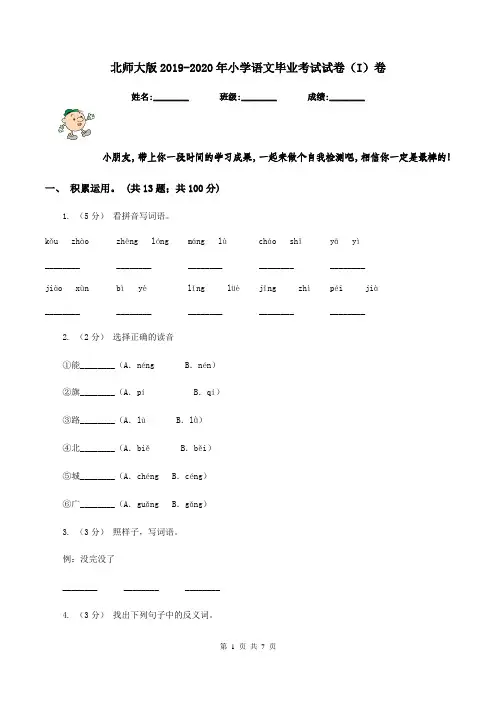北师大版2019-2020年小学语文毕业考试试卷(I)卷