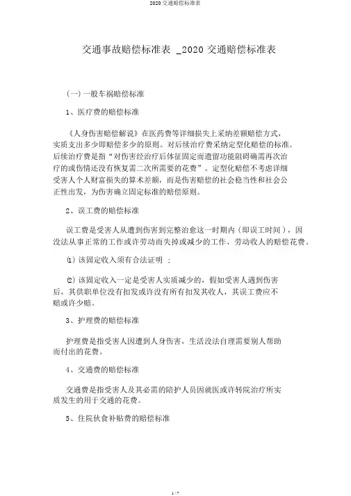 2020交通赔偿标准表