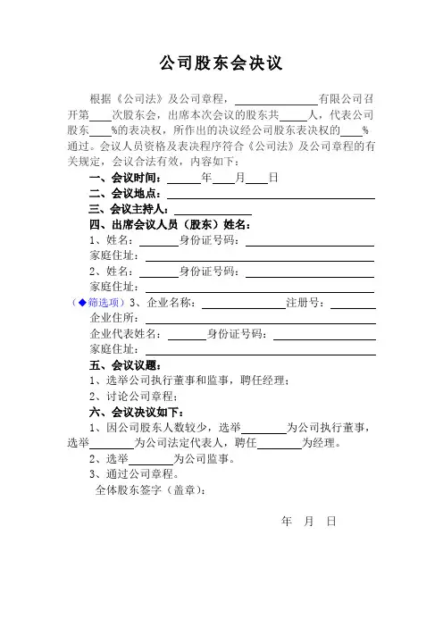 公司股东会决议(不设董事会)
