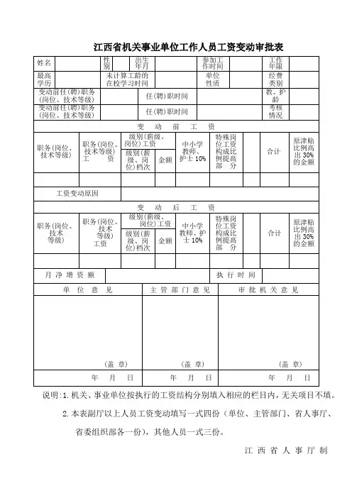江西省机关事业单位工作人员工资变动审批表