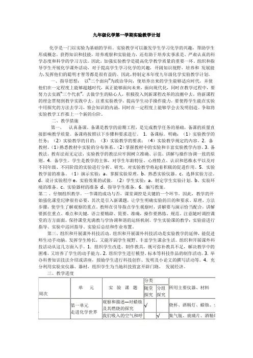 九年级化学上下册实验教学计划