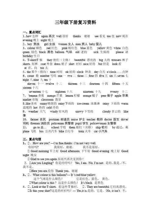 湘少版三年级英语下册复习资料